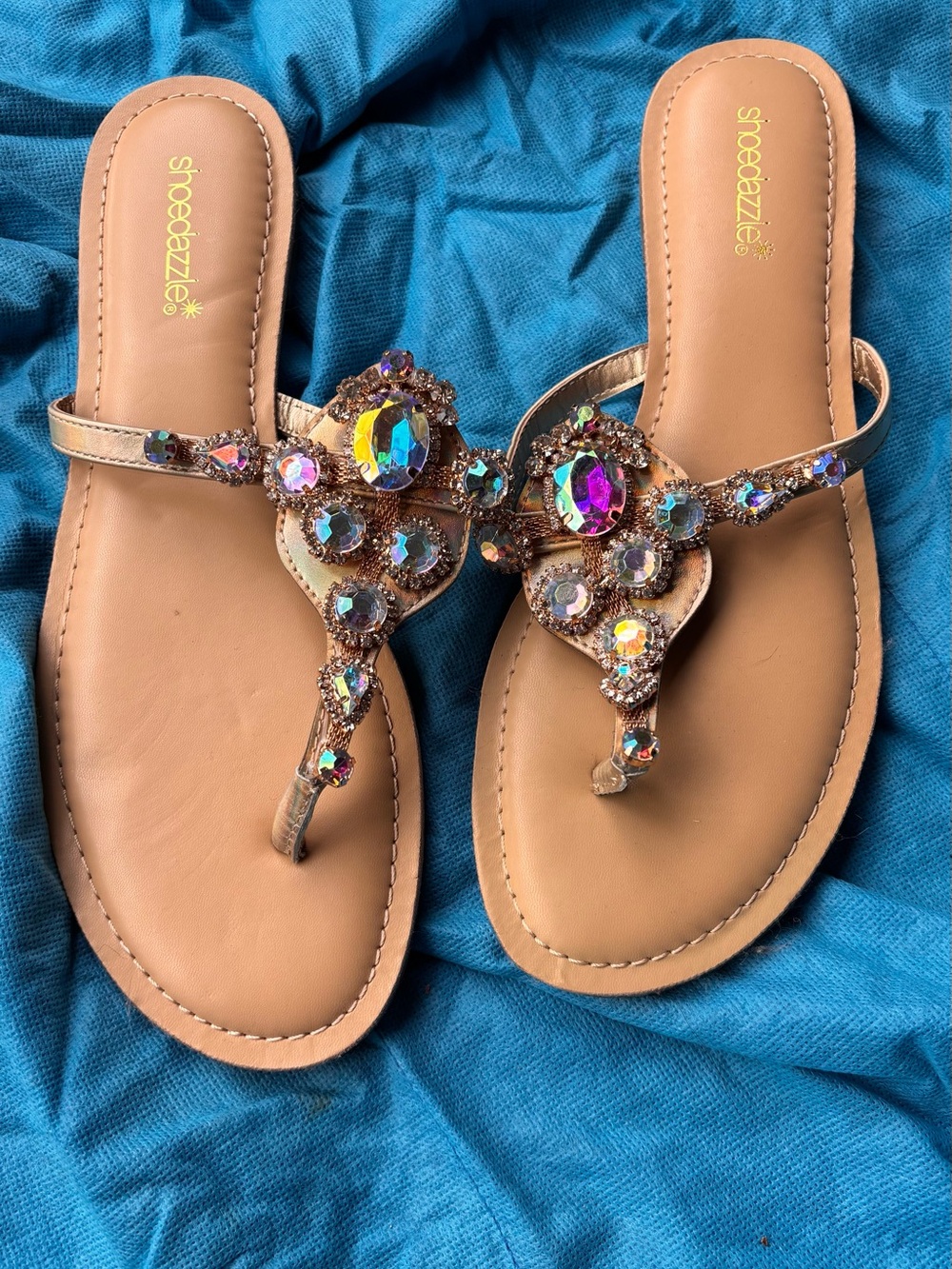 Shoe Dazzle Tan Jeweled T-Strap Sandals with Iridescent Gems size 10